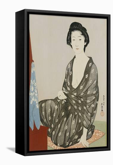 A Beauty in a Black Kimono with White Hanabishi Patterns Seated Before a Mirror-Hashiguchi Goyo-Framed Premier Image Canvas