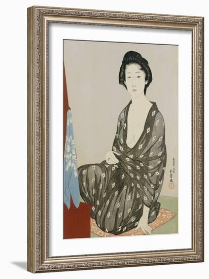 A Beauty in a Black Kimono with White Hanabishi Patterns Seated Before a Mirror-Hashiguchi Goyo-Framed Giclee Print