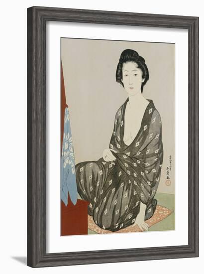 A Beauty in a Black Kimono with White Hanabishi Patterns Seated Before a Mirror-Hashiguchi Goyo-Framed Giclee Print