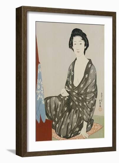 A Beauty in a Black Kimono with White Hanabishi Patterns Seated Before a Mirror-Hashiguchi Goyo-Framed Giclee Print