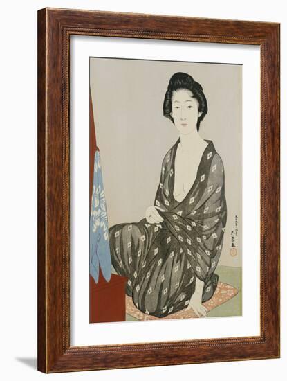 A Beauty in a Black Kimono with White Hanabishi Patterns Seated Before a Mirror-Hashiguchi Goyo-Framed Giclee Print