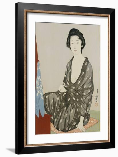 A Beauty in a Black Kimono with White Hanabishi Patterns Seated Before a Mirror-Hashiguchi Goyo-Framed Giclee Print