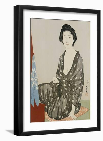 A Beauty in a Black Kimono with White Hanabishi Patterns Seated Before a Mirror-Hashiguchi Goyo-Framed Giclee Print