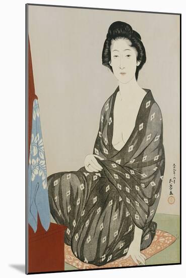 A Beauty in a Black Kimono with White Hanabishi Patterns Seated Before a Mirror-Hashiguchi Goyo-Mounted Giclee Print