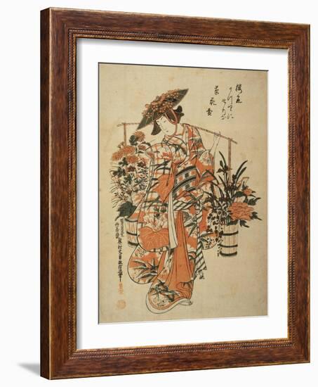 A Beauty Wearing Festival Garb with Two Buckets of Flowers Suspended from a Yoke-Okumura Masanobu-Framed Giclee Print