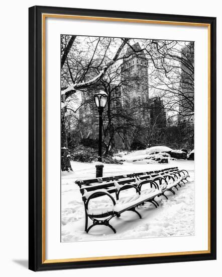A Bench and Lamppost Snow in Central Park-Philippe Hugonnard-Framed Photographic Print
