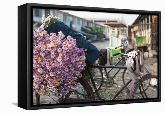 A bike loaded with fresh flowers at the flower market in Mandalay, Myanmar (Burma), Asia-Alex Treadway-Framed Premier Image Canvas