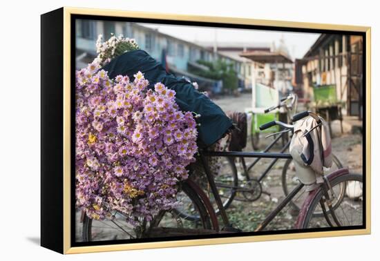 A bike loaded with fresh flowers at the flower market in Mandalay, Myanmar (Burma), Asia-Alex Treadway-Framed Premier Image Canvas