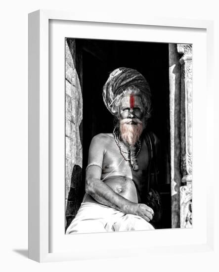 A black and white picture of a sadhu (yogi) at Pashupatinath Temple in Kathmandu, Nepal-David Chang-Framed Photographic Print