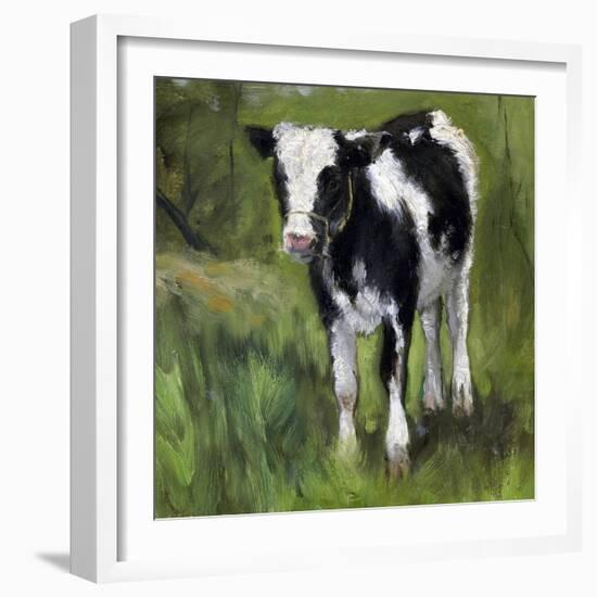 A Black and White Spotted Calf, Standing in a Meadow-Geo Poggenbeek-Framed Art Print