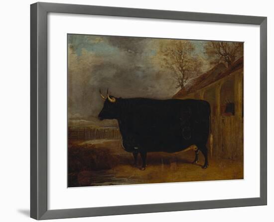 A Black Bull Standing by a Cowshed, an Extensive Landscape Beyond-James Pollard-Framed Giclee Print