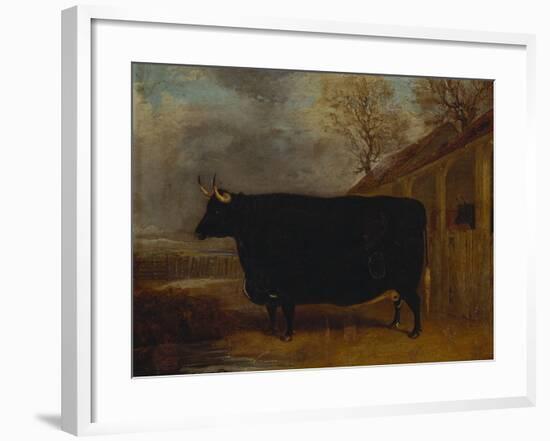 A Black Bull Standing by a Cowshed, an Extensive Landscape Beyond-James Pollard-Framed Giclee Print