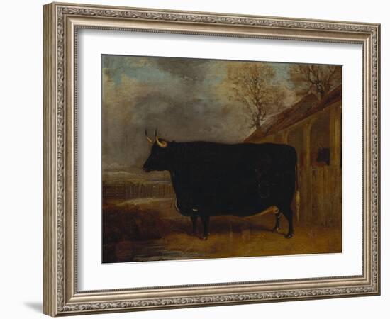 A Black Bull Standing by a Cowshed, an Extensive Landscape Beyond-James Pollard-Framed Giclee Print