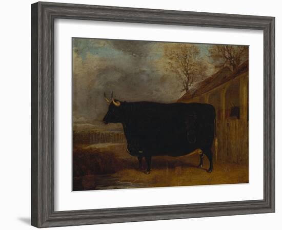 A Black Bull Standing by a Cowshed, an Extensive Landscape Beyond-James Pollard-Framed Giclee Print