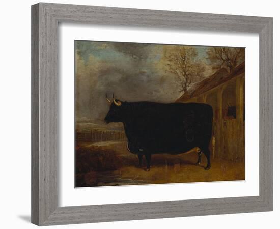 A Black Bull Standing by a Cowshed, an Extensive Landscape Beyond-James Pollard-Framed Giclee Print