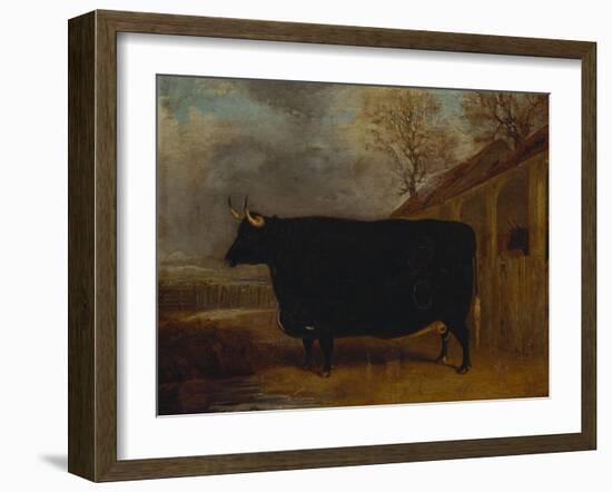 A Black Bull Standing by a Cowshed, an Extensive Landscape Beyond-James Pollard-Framed Giclee Print