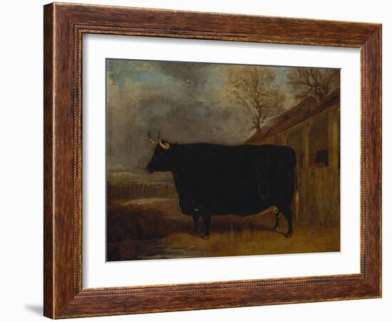 A Black Bull Standing by a Cowshed, an Extensive Landscape Beyond-James Pollard-Framed Giclee Print