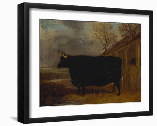 A Black Bull Standing by a Cowshed, an Extensive Landscape Beyond-James Pollard-Framed Giclee Print