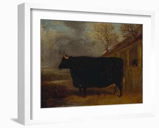 A Black Bull Standing by a Cowshed, an Extensive Landscape Beyond-James Pollard-Framed Giclee Print