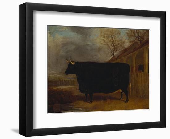 A Black Bull Standing by a Cowshed, an Extensive Landscape Beyond-James Pollard-Framed Giclee Print