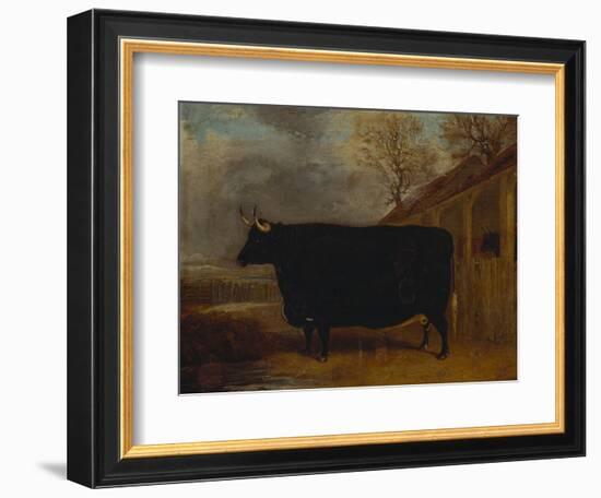 A Black Bull Standing by a Cowshed, an Extensive Landscape Beyond-James Pollard-Framed Giclee Print