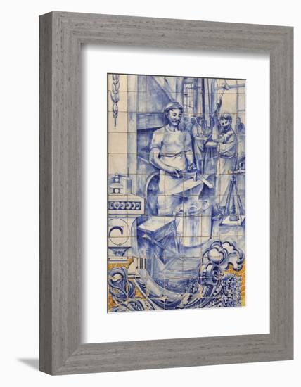 A Blacksmith's Workshop Depicted on Traditional Portuguese Azulejo Tiles on a Building in Alfama-Stuart Forster-Framed Photographic Print