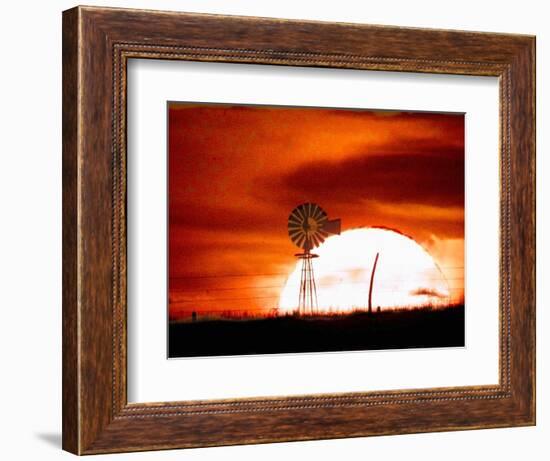 A Blazing Sun Drops Behind a Windmill-null-Framed Photographic Print