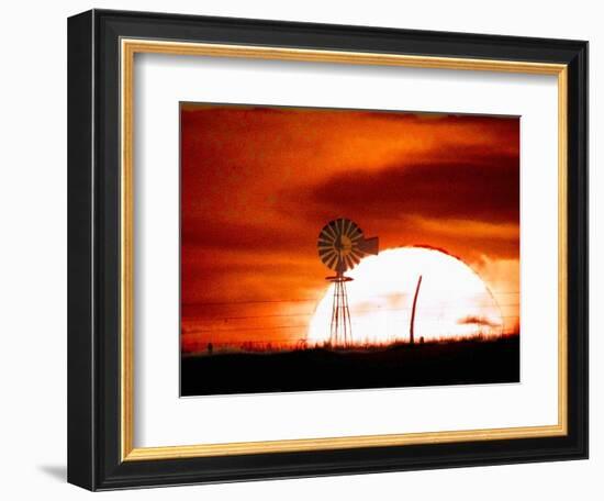 A Blazing Sun Drops Behind a Windmill-null-Framed Photographic Print