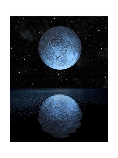 A Blue Moon Rising Over A Calm Alien Ocean With A Starry Sky As A Backdrop Art Print Art Com