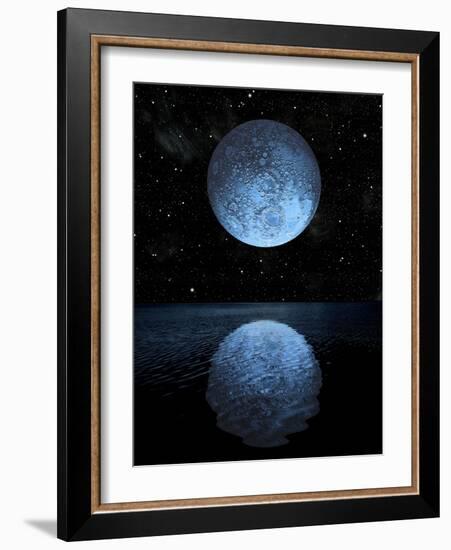 A Blue Moon Rising over a Calm Alien Ocean with a Starry Sky as a Backdrop-null-Framed Art Print