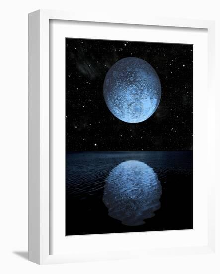 A Blue Moon Rising over a Calm Alien Ocean with a Starry Sky as a Backdrop-null-Framed Art Print
