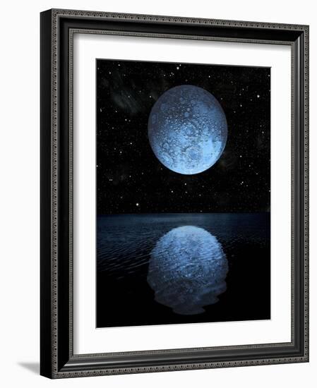 A Blue Moon Rising over a Calm Alien Ocean with a Starry Sky as a Backdrop-null-Framed Art Print