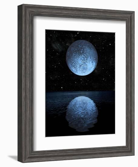 A Blue Moon Rising over a Calm Alien Ocean with a Starry Sky as a Backdrop-null-Framed Art Print