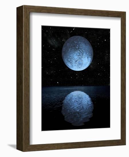 A Blue Moon Rising over a Calm Alien Ocean with a Starry Sky as a Backdrop-null-Framed Art Print