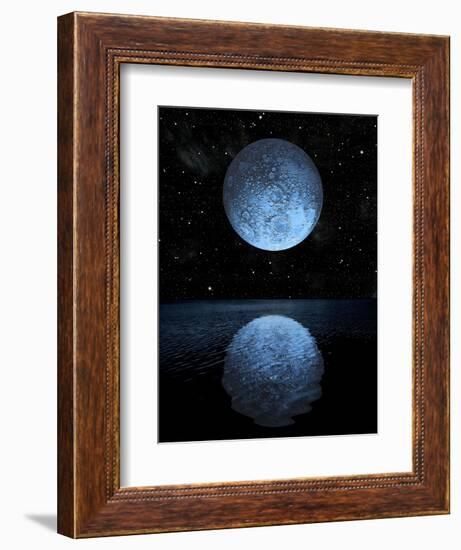 A Blue Moon Rising over a Calm Alien Ocean with a Starry Sky as a Backdrop-null-Framed Art Print