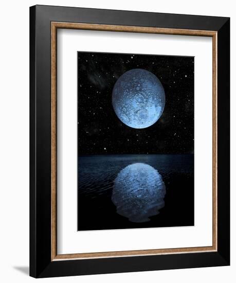 A Blue Moon Rising over a Calm Alien Ocean with a Starry Sky as a Backdrop-null-Framed Art Print