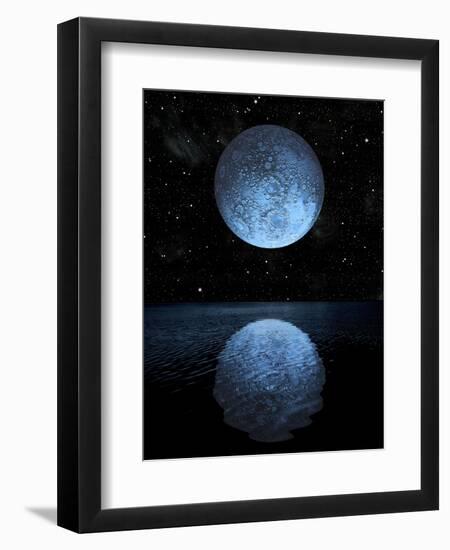 A Blue Moon Rising over a Calm Alien Ocean with a Starry Sky as a Backdrop-null-Framed Art Print