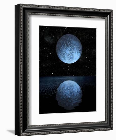 A Blue Moon Rising over a Calm Alien Ocean with a Starry Sky as a Backdrop-null-Framed Art Print