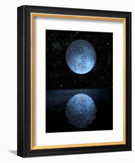 A Blue Moon Rising over a Calm Alien Ocean with a Starry Sky as a Backdrop-null-Framed Art Print