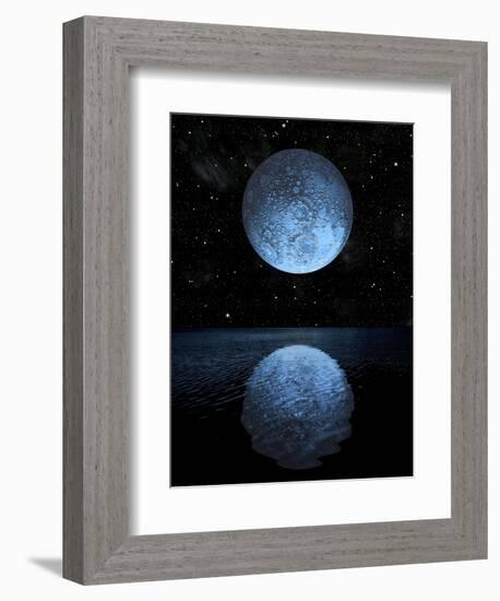 A Blue Moon Rising over a Calm Alien Ocean with a Starry Sky as a Backdrop-null-Framed Premium Giclee Print