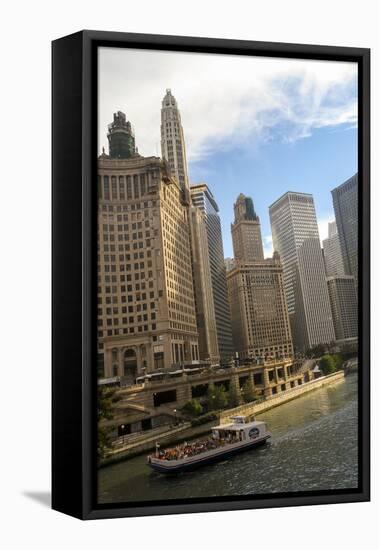 A Boat and Buildings Along the Chicago River, Chicago, Illinois, USA-Susan Pease-Framed Premier Image Canvas