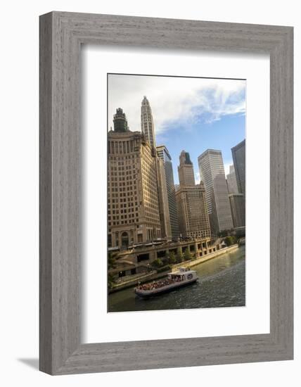 A Boat and Buildings Along the Chicago River, Chicago, Illinois, USA-Susan Pease-Framed Photographic Print