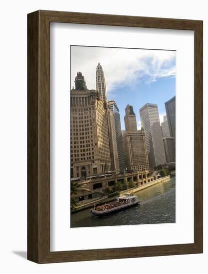 A Boat and Buildings Along the Chicago River, Chicago, Illinois, USA-Susan Pease-Framed Photographic Print