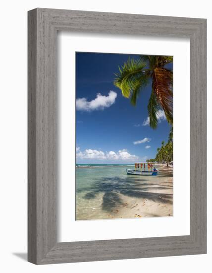 A Boat Floats Along the Sandy Praia Do Carneiros Near Tamamdere, North-Eastern Brazil-Alex Saberi-Framed Photographic Print