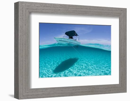 A Boat Is Anchored in the Clear Blue Tropical Waters Off Staniel Cay, Exuma, Bahamas-James White-Framed Photographic Print