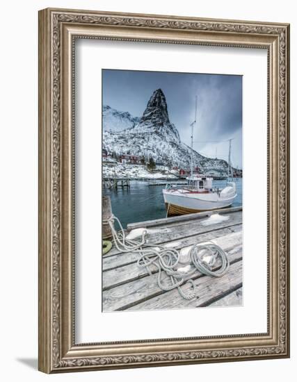 A Boat Moored in the Cold Sea in the Background the Snowy Peaks-Roberto Moiola-Framed Photographic Print