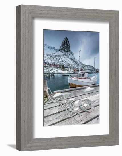 A Boat Moored in the Cold Sea in the Background the Snowy Peaks-Roberto Moiola-Framed Photographic Print