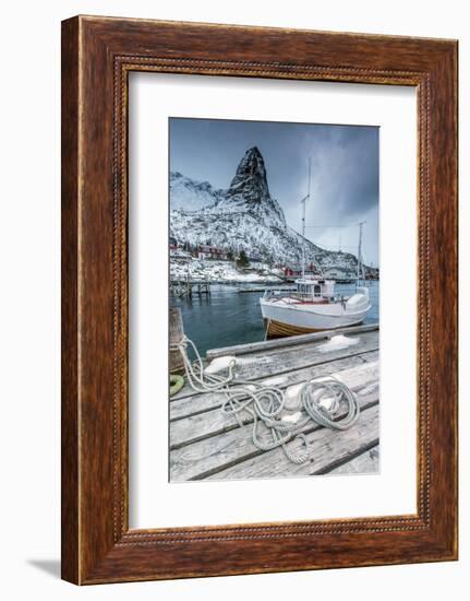 A Boat Moored in the Cold Sea in the Background the Snowy Peaks-Roberto Moiola-Framed Photographic Print