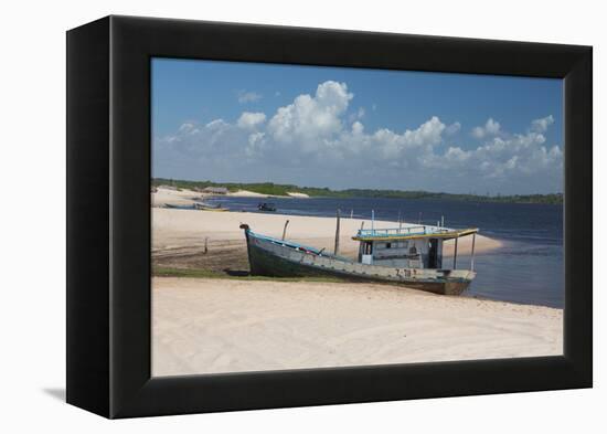 A Boat Sits on Rio Preguicas River Bank Near Lencois Maranhenses National Park-Alex Saberi-Framed Premier Image Canvas