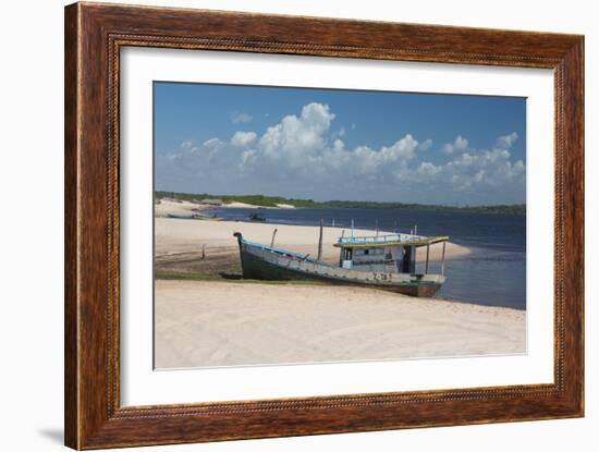 A Boat Sits on Rio Preguicas River Bank Near Lencois Maranhenses National Park-Alex Saberi-Framed Photographic Print